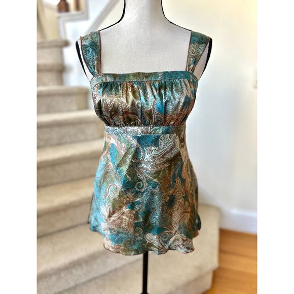 Vintage Y2K Self Esteem Teal Brown Satin Paisley Baby Doll Tank Top Regency - Picture 1 of 5